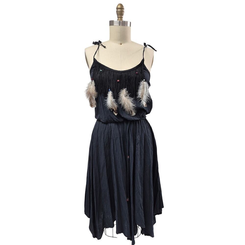 80s 90s VTG Black Sun Dress Fringe & Feathers 100% Cotton Sz S NWOT